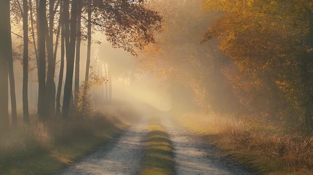 Mystical autumn forest path with sun rays shining through the fog creating magical atmosphere