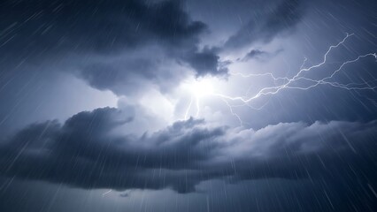 Dramatic lightning storm with heavy rain and dark clouds