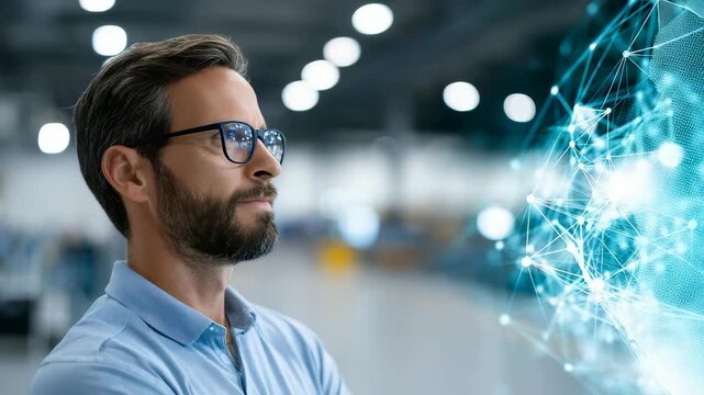A professional male in a smart casual outfit stands in a contemporary workspace, gazing at a glowing digital network visualization. The scene represents innovation, AI, and future technology trends