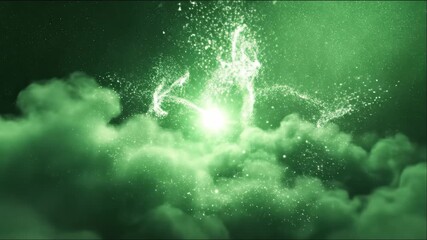 Bright green light beam shining through a cloudy night sky with sparkling magical particles for Saint Patrick day