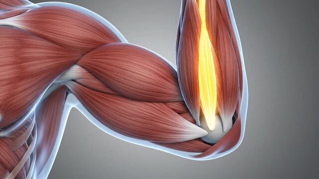 Animation shows arm muscle activation during motion with clear muscle structure and movement dynamics