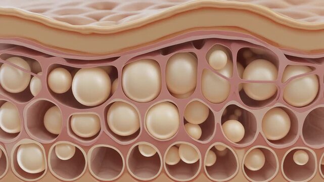 Fat cells grow under skin in human skin layer cross section showing changes over time