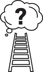 A simple black and white illustration of a ladder with a thought bubble containing a question mark above it