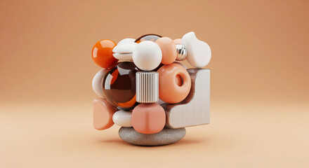 A 3D-rendered composition featuring a cubic structure constructed from various smooth, rounded, and organically shaped objects