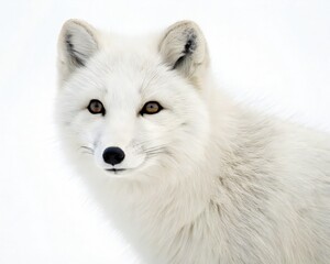Naklejka premium White arctic fox portrait with soft fur and yellow eyes on pure white