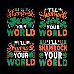 St. Patrick's Day graphic with shamrocks, hats, and balloons saying "I'll Shamrock Your World."