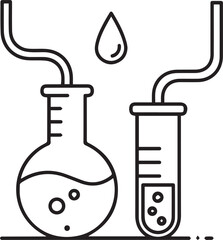 Laboratory equipment illustration with flask and test tube containing liquids and bubbles in a scientific setting