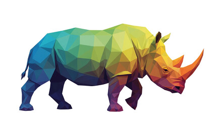 A digitally rendered rhinoceros is centered, depicted in a low-poly geometric style