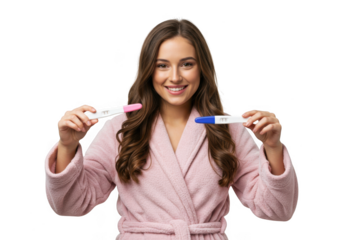 Woman holding two pregnancy tests isolated on transparent background