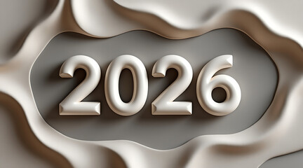 2026 metallic numerals in layered abstract paper cut composition, soft neutral tones, elegant celebratory mood