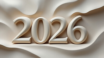 2026 sculptural numbers on flowing fabric background, elegant beige abstract studio composition conveying modern minimal celebration and calm