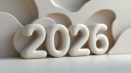 2026 number sculpture in neutral abstract studio with soft light and calm mood