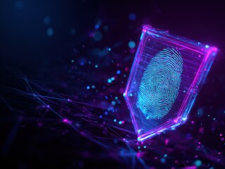 digital fingerprint within glowing transparent shield against dark abstract background with interconnected lines and dots concept of cybersecurity technology and digital identity