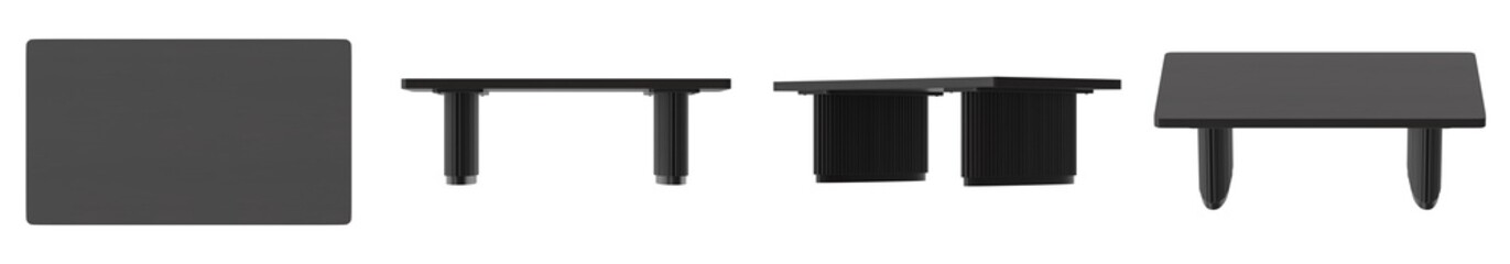 Fototapeta premium Modern black coffee table with minimalist design and sturdy legs, shown from multiple angles