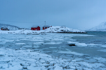 Red wooden houses stand along a frozen coastal shoreline with drifting ice and snow-covered mountains in the background. The quiet winter scene captures the cold, remote atmosphere of a Nordic or Arct © murattellioglu