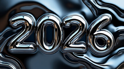 Shiny metallic numbers 2026 metallic texture chrome reflective surface liquid metal abstract futuristic glossy high contrast