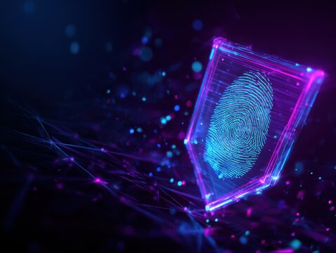 digital fingerprint within glowing transparent shield against dark abstract background with interconnected lines and dots concept of cybersecurity technology and digital identity - Powered by Adobe