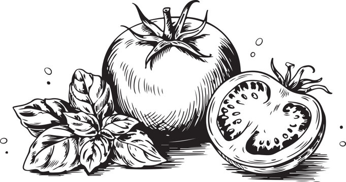 Tomato with basil leaves vector drawing. Whole and sliced tomatoes with basil branch sketch. Hand drawn illustration.