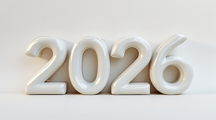 2026 glossy white numeric sculpture on minimal studio background evoking modern celebration and hopeful emotion