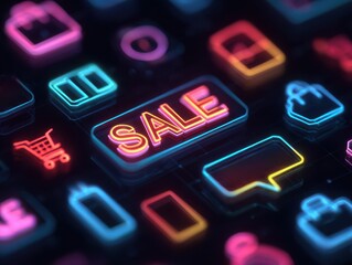 neon-style icons on dark background with prominent sale sign in bright red and yellow surrounded by shopping cart battery and speech bubble concept of digital shopping and marketing