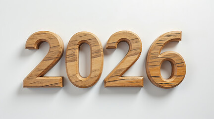 Wooden 2026 numbers on white background, carved wood texture and soft shadow, modern minimal new year concept with warm tone