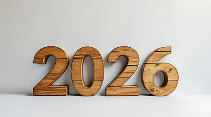 2026 wooden numbers on white background, carved wood texture, minimalist composition conveying optimistic fresh start