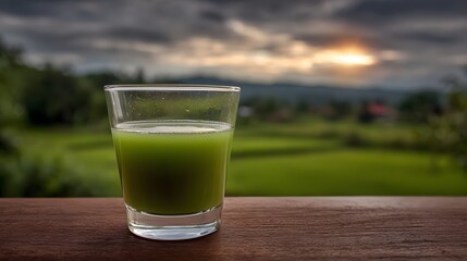A glass of green health drink sits on a wooden surface against a blurred sunset landscape