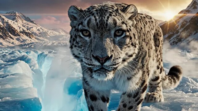 Snow leopard walking in snowy mountains.