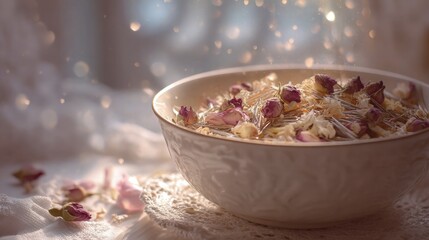 Delicate ceramic bowl of dried rosebuds and jasmine on lace in foreground, warm sunlight dust motes and bokeh in background, tea or potpourri styling for natural wellness, calming spa atmosphere
