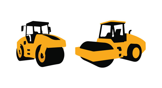 Road Roller Compactor Silhouette Vector. Heavy Construction Machinery for Asphalt and Roadwork Illustration.
