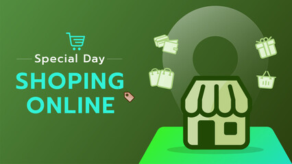 Online Store Location Pin Illustration, E-commerce Shop Concept on Green Background