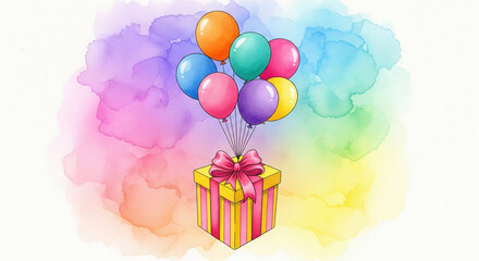 A whimsical watercolor illustration of a gift box being lifted by a cluster of balloons against a vibrant, abstract background