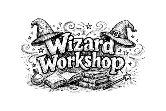 Whimsical wizardry workshop: magical hat, books, and potion in retro sketch style