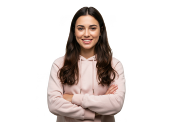 Smiling young woman with long dark brown hair wearing a hoodie and headphones standing confidently transparent background
