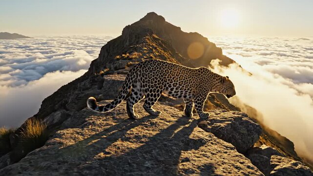 Leopard Walking on Mountain Peak Above Clouds.