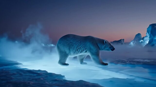Polar bear walking on icy landscape at dusk.