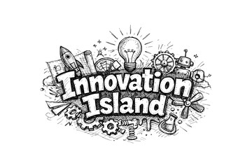 Obraz premium Creative doodle of innovation island featuring light bulb and tools