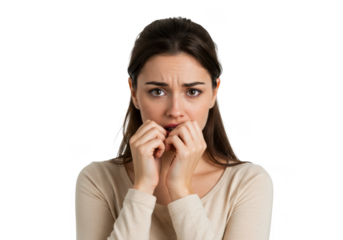 Young woman with long dark brown hair pulled back looks anxiously with nervous hands transparent background