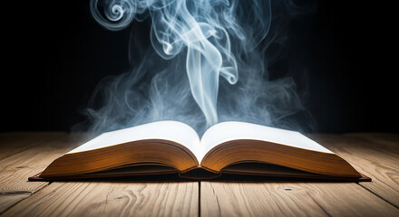 An open book, centrally positioned, rests on a rustic wooden table