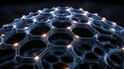 A close-up view of a hexagonal molecular structure, illuminated with glowing nodes, representing advanced technology or scientific concepts.
