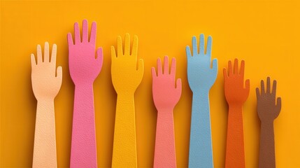 Colorful paper hands raised against a bright orange background, symbolizing diversity, unity, and creativity.