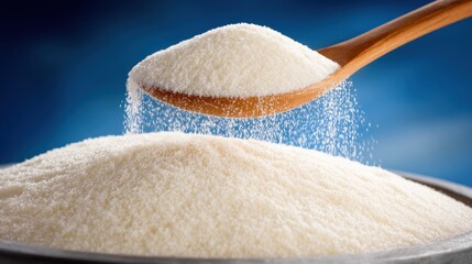 A close-up of granulated sugar being scooped with a wooden spoon, highlighting its fine texture and shimmering appearance against a blurred blue background.