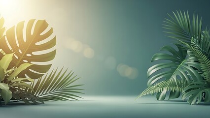 Tropical leaves basking in warm sunlight on green background