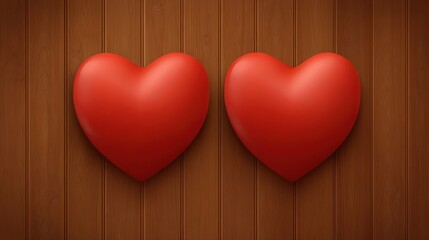 Two glossy red hearts on a wooden background, symbolizing love and affection, create a warm and inviting atmosphere.