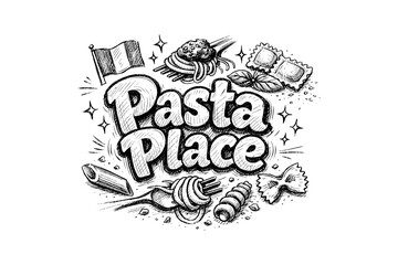 Fototapeta premium Hand drawn pasta typography with italian elements in sketch style