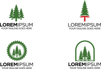 Pine tree logo vector set, forest nature branding icons, minimalist green evergreen symbols with modern typography for eco business, woodworking, and outdoor brands