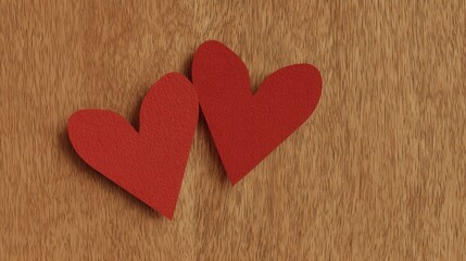 Two red heart shapes on a wooden background, symbolizing love and affection in a simple, artistic representation.