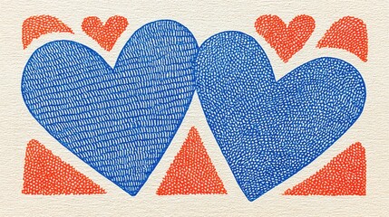 Two stylized hearts, one blue and one red, are surrounded by smaller red hearts against a textured neutral background, conveying love and affection.