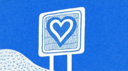 A graphic sign featuring a heart symbol on a bright blue background, conveying a message of love and positivity.