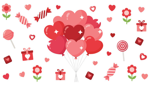 Valentine&rsquo;s Day Heart Balloons with Gifts, Candy and Flowers Illustration